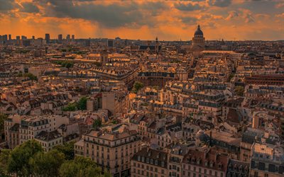 Paris, old houses, evening, sunset, urban panorama, skyline, cityscape, France