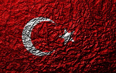 Lippu Turkki, 4k, kivi rakenne, aallot rakenne, Turkin lippu, kansallinen symboli, Turkki, Euroopassa, kivi tausta