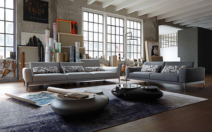 sala de estar, elegante design de interiores, estilo loft, um design interior moderno, o cinza das paredes de concreto