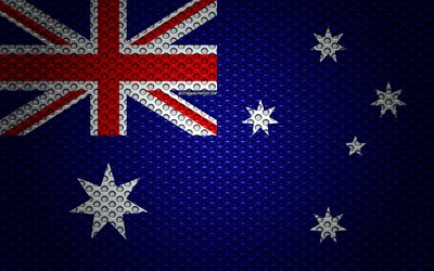 علم أستراليا, 4k, الفنون الإبداعية, شبكة معدنية الملمس, العلم الأسترالي, الرمز الوطني, أستراليا, أوقيانوسيا, أعلام بلدان أوقيانوسيا