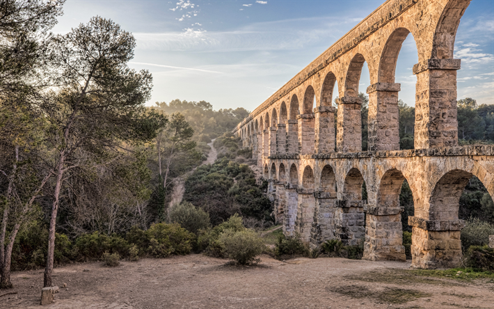 The Ferreres Aqueduct, Pont del Diable, Devils Bridge, Tarragona, Catalonia, Spain, aqueduct, landmark, sunset, evening, mountain landscape, Roman aqueduct