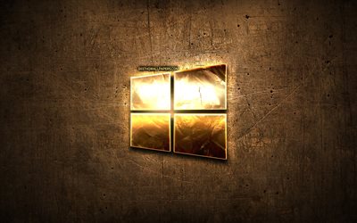 Windows 10 golden logo, artwork, OS, brown metal background, creative, Windows 10 logo, brands, Windows 10