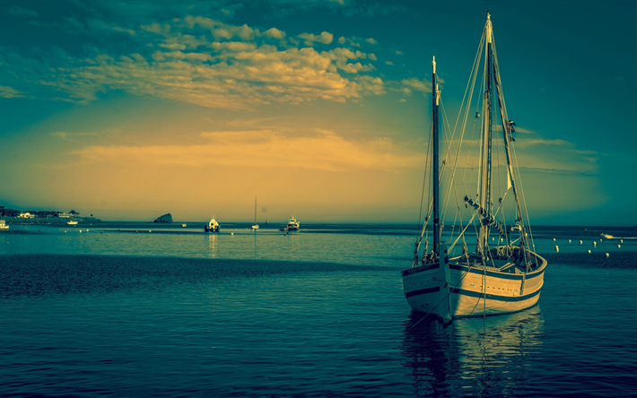 blanc yacht, mer, coucher du soleil, soir&#233;e, paysage marin, l&#39;&#233;t&#233;