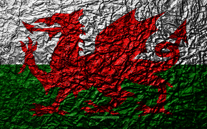 Flag of Wales, 4k, stone texture, waves texture, flag, national symbol, Wales, Europe, stone background