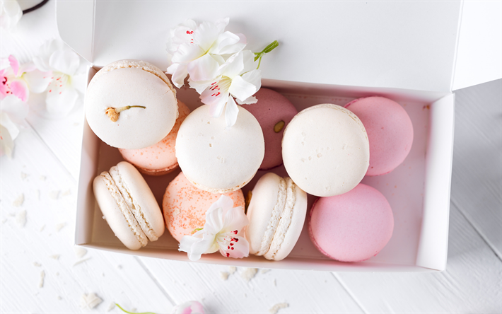 macaroon, cookie, biscoito, branco macarons, pastelaria, doces, cor-de-rosa macarons