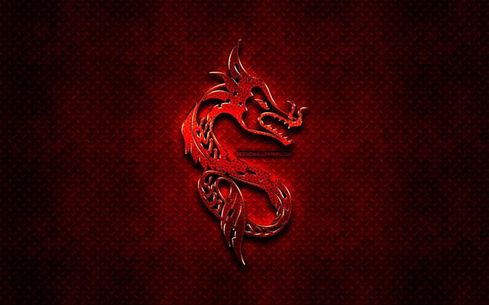 Dragon, red animals signs, chinese zodiac, Chinese calendar, Dragon zodiac sign, red metal background, Chinese Zodiac Signs, animals, creative, Dragon zodiac