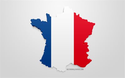 3d flag of France, silhouette map of France, 3d art, French flag, Europe, France, geography, France 3d silhouette