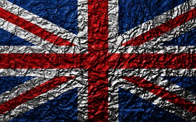 Flag of United Kingdom, 4k, stone texture, waves texture, UK flag, national symbol, United Kingdom, Great Britain, Europe, stone background