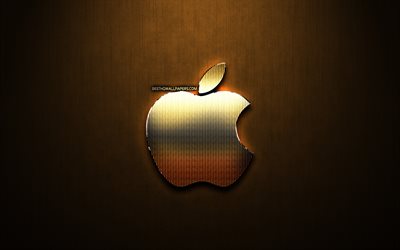 Apple glitter logo, yaratıcı, Bronz metal arka plan, Apple, logo, marka