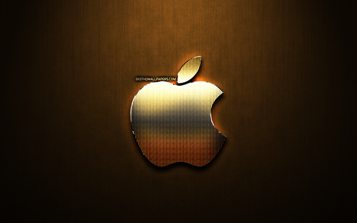 Apple glitter logotyp, kreativa, brons metall bakgrund, Apples logotyp, varum&#228;rken, Apple