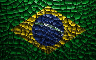 Bandiera del Brasile, 4k, incrinato suolo, Sud America, Brasiliano, bandiera, 3D, arte, Brasile, paesi del Sud america, simboli nazionali, Brasile 3D bandiera