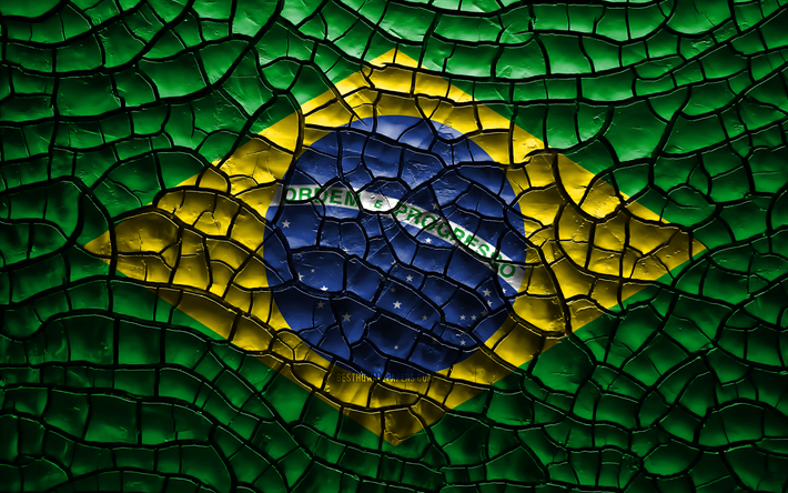 Brezilya, 4k, bayrak toprak, G&#252;ney Amerika, Brezilya bayrağı, 3D sanat, G&#252;ney Amerika &#252;lkeleri, ulusal semboller, Brezilya bayrağı 3D &#231;atlak