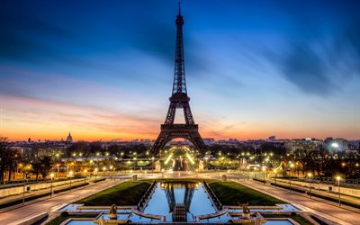 Eiffel Tower, Champs-Elysees, Paris, evening, sunset, landmark, cityscape, fountains