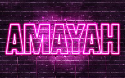 Amayah, 4k, sfondi per il desktop con i nomi, nomi di donna, Amayah nome, viola neon, buon Compleanno Amayah, immagine con nome Amayah