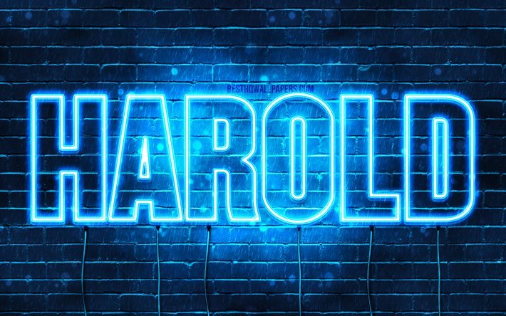 Harold, 4k, wallpapers with names, horizontal text, Harold name, Happy Birthday Harold, blue neon lights, picture with Harold name