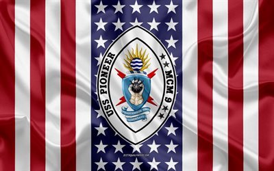 USS Pioneer Emblem, MCM-9, American Flag, US Navy, USA, USS Pioneer Badge, US warship, Emblem of the USS Pioneer
