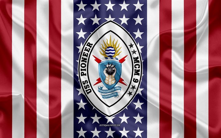 USS Pionj&#228;r Emblem, MCM-9, Amerikanska Flaggan, US Navy, USA, USS Pionj&#228;r Badge, AMERIKANSKA krigsfartyg, Emblem av USS Pionj&#228;r