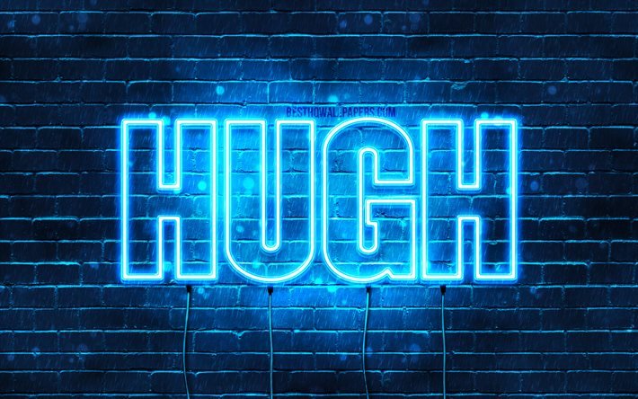Hugh, 4k, taustakuvia nimet, vaakasuuntainen teksti, Hugh nimi, Hyv&#228;&#228; Syntym&#228;p&#228;iv&#228;&#228; Hugh, blue neon valot, kuva Hugh nimi