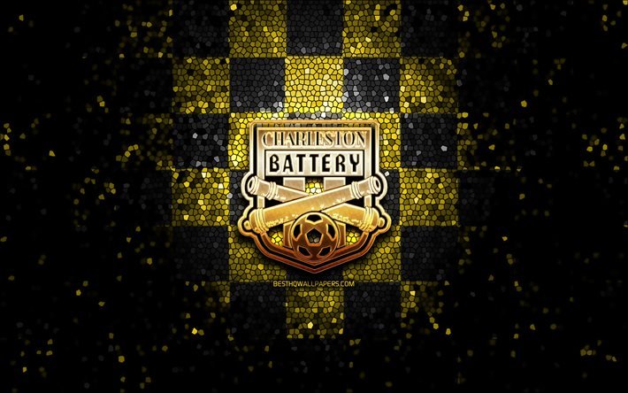 Charleston Batteri FC, glitter logotyp, USL, gul-svart rutig bakgrund, USA, amerikansk fotboll, Charleston Batteri, United Soccer League, Charleston Batteri logotyp, mosaik konst, fotboll, Amerika