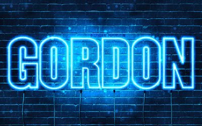 Gordon, 4k, taustakuvia nimet, vaakasuuntainen teksti, Gordon nimi, Hyv&#228;&#228; Syntym&#228;p&#228;iv&#228;&#228; Gordon, blue neon valot, kuva Gordon nimi