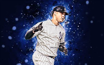 Gary Sanchez, 4k, MLB, New York Yankees, pitcher, baseball, Major League Baseball, neon lights, Gary Sanchez New York Yankees, Gary Sanchez 4K, NY Yankees