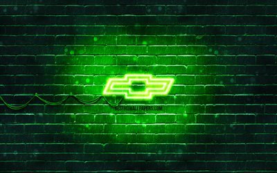 Chevrolet green logo, 4k, green brickwall, Chevrolet logo, cars brands, Chevrolet neon logo, Chevrolet