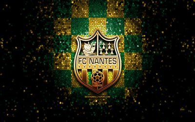 FC Nantes, glitter logotyp, Liga 1, gr&#246;n / gul rutig bakgrund, fotboll, franska fotbollsklubben, FC Nantes logotyp, mosaik konst, Frankrike