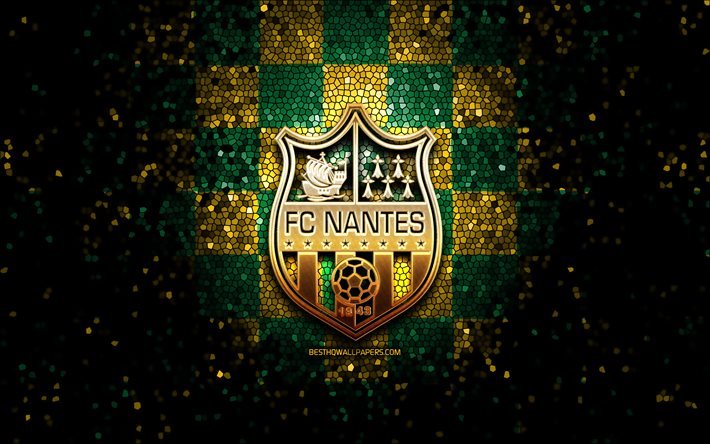O FC Nantes, glitter logotipo, Liga 1, verde amarelo fundo quadriculado, futebol, FC Nantes, clube de futebol franc&#234;s, O FC Nantes logotipo, arte em mosaico, Fran&#231;a