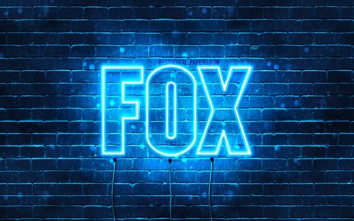 Fox, 4k, les papiers peints avec les noms, le texte horizontal, Fox nom, Joyeux Anniversaire Fox, bleu n&#233;on, une photo avec le nom de Fox