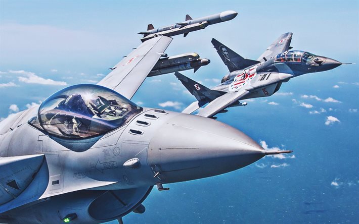 general dynamics f-16 fighting falcon, close-up, polnische luftwaffe, kampfjet, general dynamics, polnische armee, fliegenden f-16, zwei k&#228;mpfer, fighter, f-16 combat aircraft