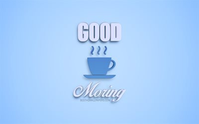 朝, 3Dアート, 青色の背景, 3D銘, 3Dの良い朝を希望, 良い朝の概念