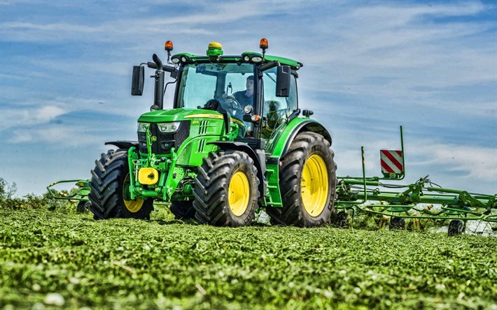 John Deere 6130R, recoger hierba, 2020 tractores, HDR, maquinaria agr&#237;cola, la cosecha, el tractor verde, la agricultura, John Deere