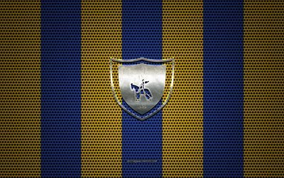 AC Chievo Verona logo, Italian football club, metal emblem, yellow-blue metal mesh background, AC Chievo Verona, Serie B, Verona, Italy, football