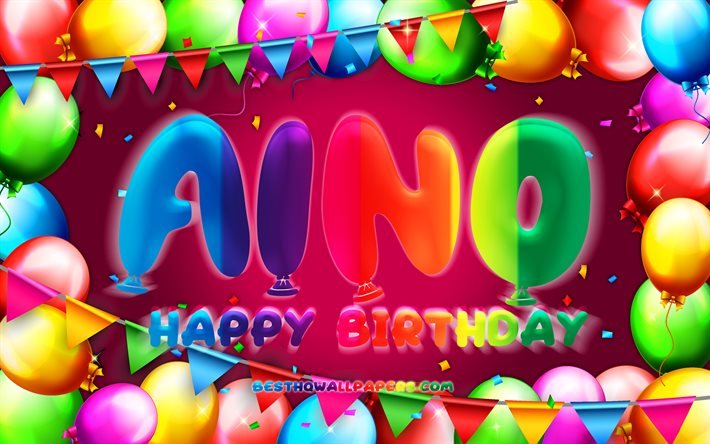happy birthday aino, 4k, bunte ballon-rahmen, aino name, lila hintergrund, aino happy birthday, aino geburtstag, beliebte finnische weiblichen namen, geburtstag-konzept, aino