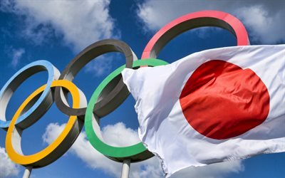 2020 die olympischen sommerspiele, japan 2021, spielen der xxxii olympiade in tokio 2020, die flagge von japan, olympische ringe, japan, tokio