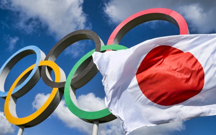 2020 die olympischen sommerspiele, japan 2021, spielen der xxxii olympiade in tokio 2020, die flagge von japan, olympische ringe, japan, tokio