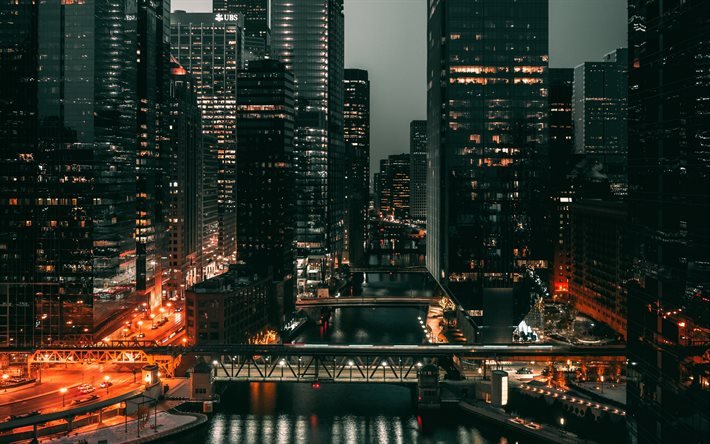 Chicago, night, evening, modern buildings, skyscrapers, modern architecture, metropolis, Illinois, USA