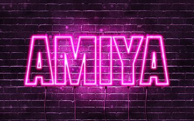 Amiya, 4k, tapeter med namn, kvinnliga namn, Amiya namn, lila neon lights, Grattis P&#229; F&#246;delsedagen Amiya, bild med Amiya namn