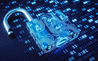 3d neon blue lock, computer security, digital technology, blue digital background, blue security background, lock concepts