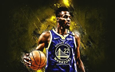 Andrew Wiggins, NBA, Golden State Warriors, yellow stone background, American Basketball Player, portrait, USA, basketball, Golden State Warriors players