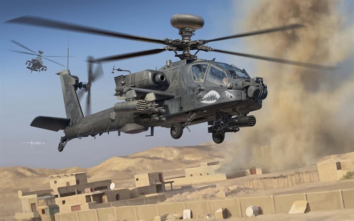 AH-64D Apache, McDonnell Douglas AH-64 Apache, US Army, Auletta, american attack helicopter, drawing combat helicopter, American helicopters