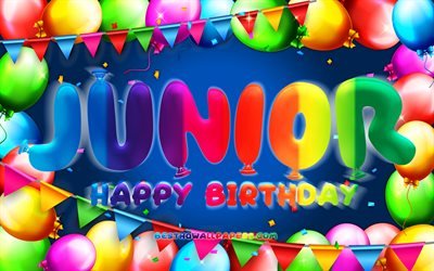 Happy Birthday Junior, 4k, colorful balloon frame, Junior name, blue background, Junior Happy Birthday, Junior Birthday, popular south african male names, Birthday concept, Junior