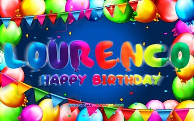 Happy Birthday Lourenco, 4k, colorful balloon frame, Lourenco name, blue background, Lourenco Happy Birthday, Lourenco Birthday, popular portuguese male names, Birthday concept, Lourenco