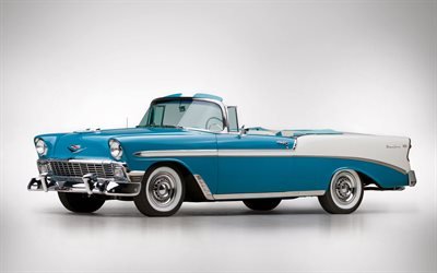 Chevrolet Bel Air Convertible, 1956, front view, blue convertible, retro cars, blue Bel Air Convertible, american cars, Chevrolet