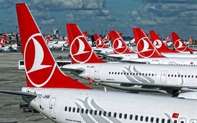 Turkish Airlines, Boeing 737, Airbus A321, Turkish Airlines logo on empennage, passenger airplanes, red tails with logo, airport, Turkey, Turkish Airlines logo