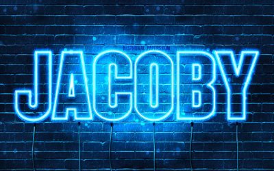 Jacoby, 4k, taustakuvia nimet, vaakasuuntainen teksti, Jacoby nimi, Hyv&#228;&#228; Syntym&#228;p&#228;iv&#228;&#228; Jacoby, blue neon valot, kuva Jacoby nimi