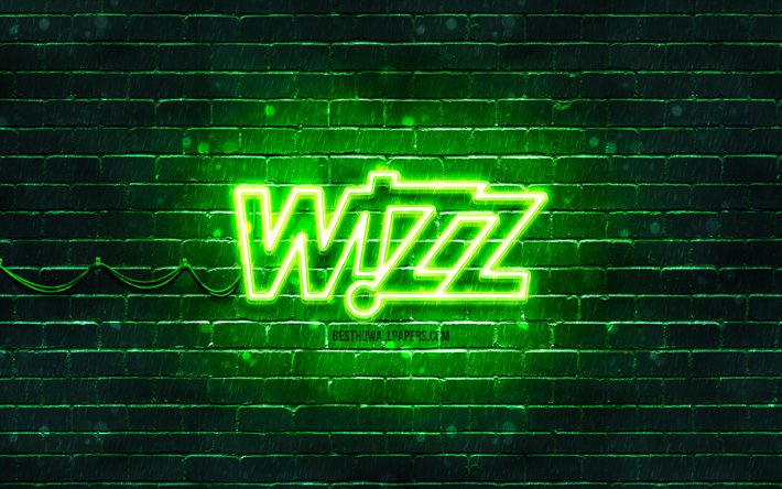 Logo vert Wizz Air, 4k, mur de briques vert, logo Wizz Air, compagnie a&#233;rienne, logo n&#233;on Wizz Air, Wizz Air