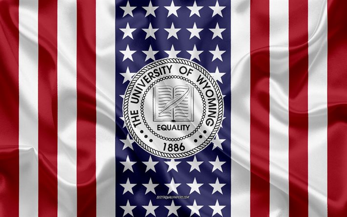 University of Wyoming Emblem, American Flag, University of Wyoming logo, Laramie, Wyoming, USA, University of Wyoming
