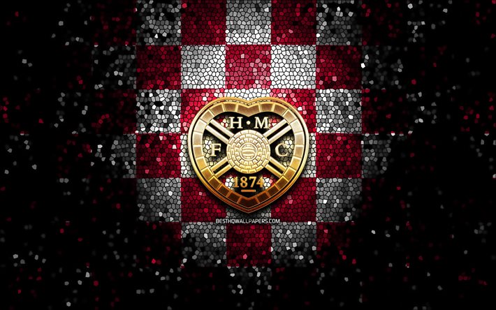 Hearts FC, parlak logo, İsko&#231; Premiership, mor beyaz damalı arka plan, futbol, İsko&#231; futbol kul&#252;b&#252;, Heart of Midlothian FC logosu, mozaik sanatı, Heart of Midlothian FC