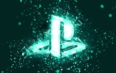 PlayStation turkoosi logo, 4k, turkoosi neonvalot, luova, turkoosi abstrakti tausta, PlayStation-logo, PlayStation